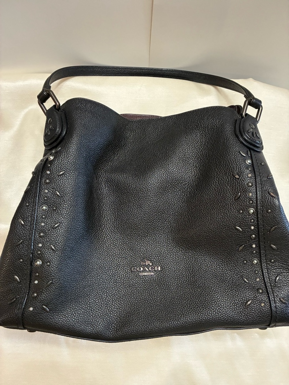 Coach Black Pebbled Leather Shoulder Hobo with Stud Accents